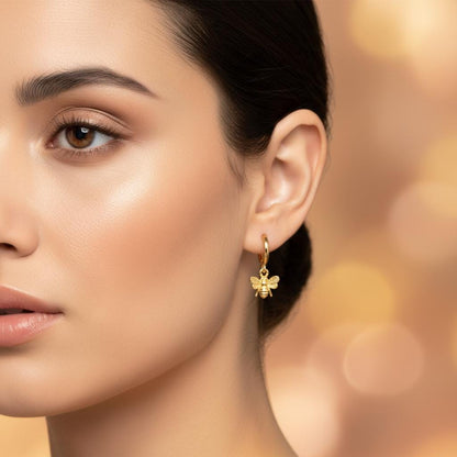 Minimalist Honeybee Huggie Hoop Earrings, 14K Gold Plated 925 Silver Dangle Charm, Personalized Christmas Gift, Nature Lover Jewelry