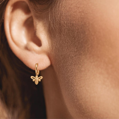 Minimalist Honeybee Huggie Hoop Earrings, 14K Gold Plated 925 Silver Dangle Charm, Personalized Christmas Gift, Nature Lover Jewelry