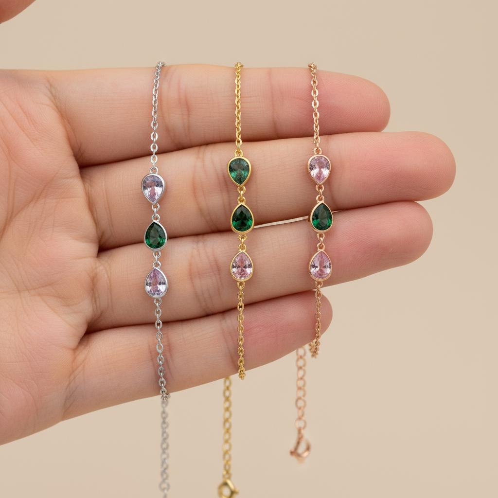 Teardrop Birthstone Anklet, Personalized Minimalist Drop Charm, Dainty 925 Silver Gold Plated, Custom Gift for Her, Christmas Gift