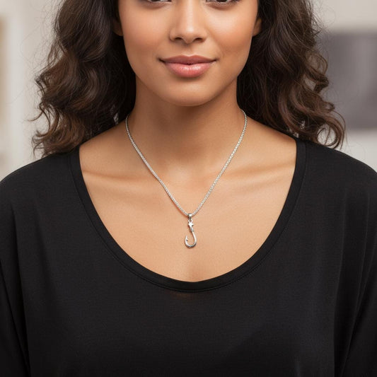 Fisherman’s Hook Pendant Necklace, Unisex Silver Fish Hookon Thick Stainless Steel Wheat Chain, Minimalist Boho Jewelry, Gift for Him or Her