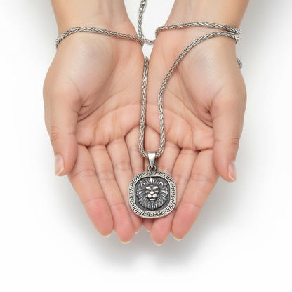 Lion Head Medallion Necklace, 925 Silver Spiga Chain, Courage Strength Unisex Jewelry Gift for Men Women, Personalized Christmas Gift