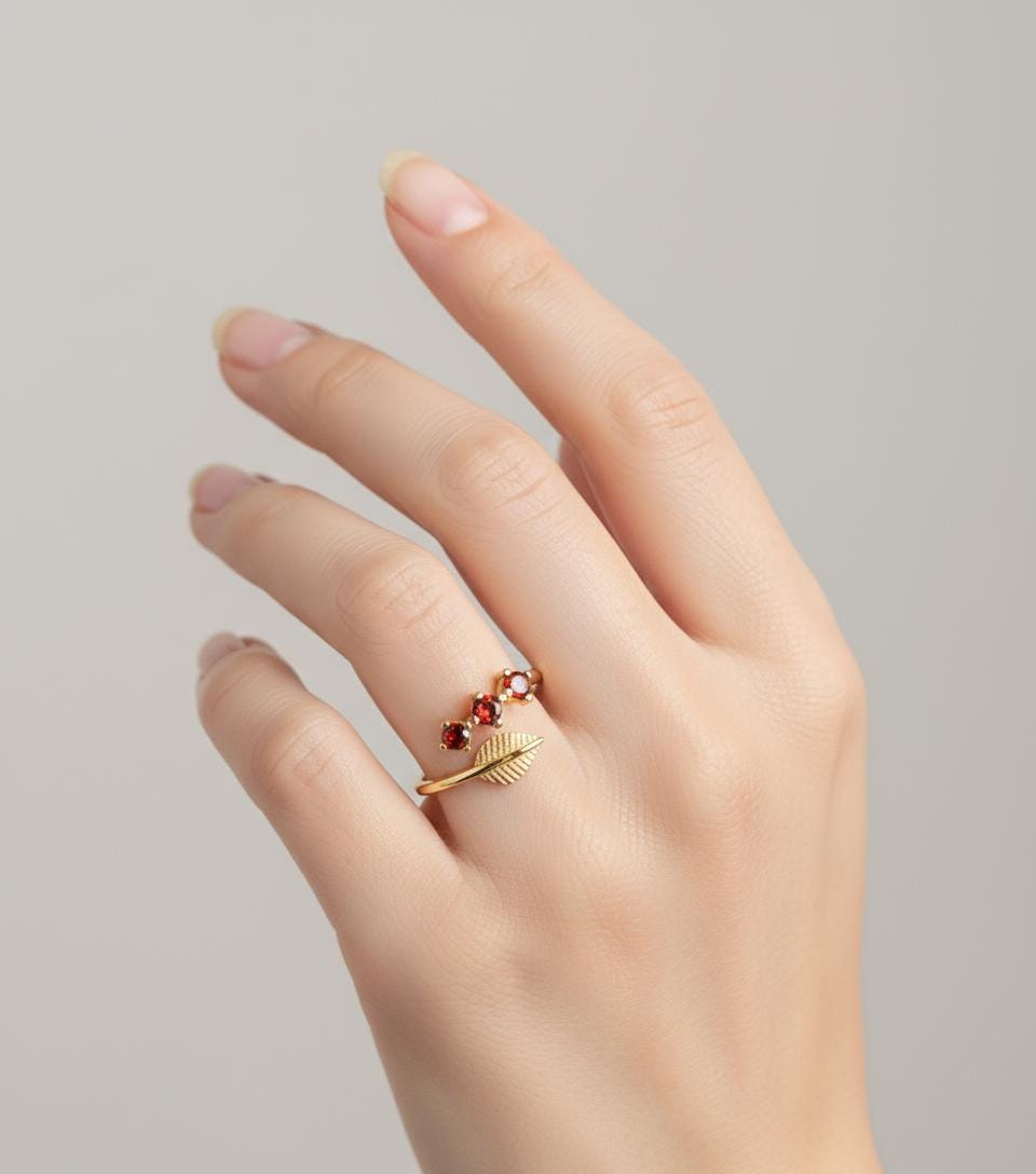 Olive Branch Three Stone Ring, Adjustable 925 Sterling Silver Gold Plated, Minimalist Peace Symbol Gift for Her, Christmas Gift