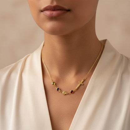 Row Birthstone Cross Necklace, Personalized Family Charm, Multiple Children 925 Silver Gold Plated, Minimalist Mom Gift, Christmas Gift