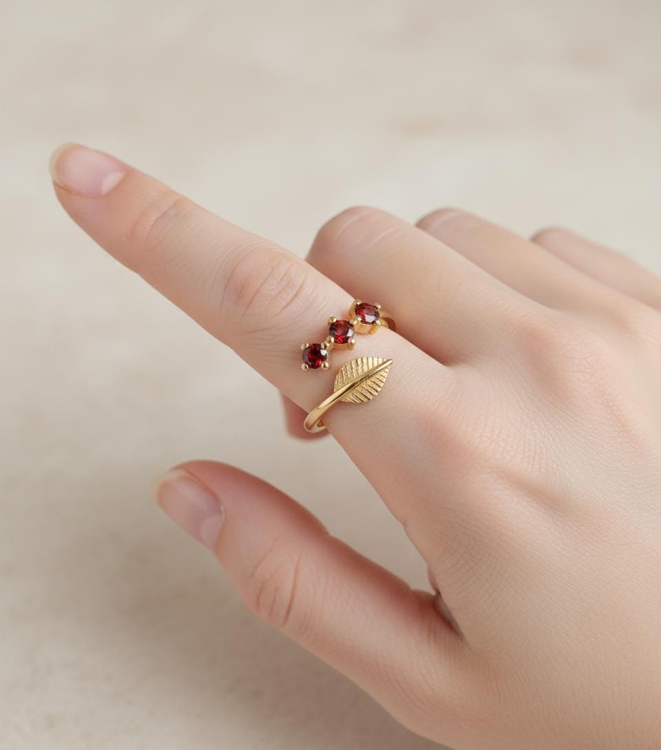 Olive Branch Three Stone Ring, Adjustable 925 Sterling Silver Gold Plated, Minimalist Peace Symbol Gift for Her, Christmas Gift