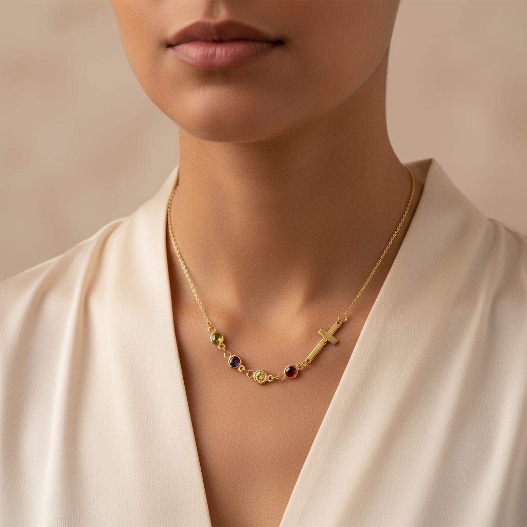 Row Birthstone Cross Necklace, Personalized Family Charm, Multiple Children 925 Silver Gold Plated, Minimalist Mom Gift, Christmas Gift