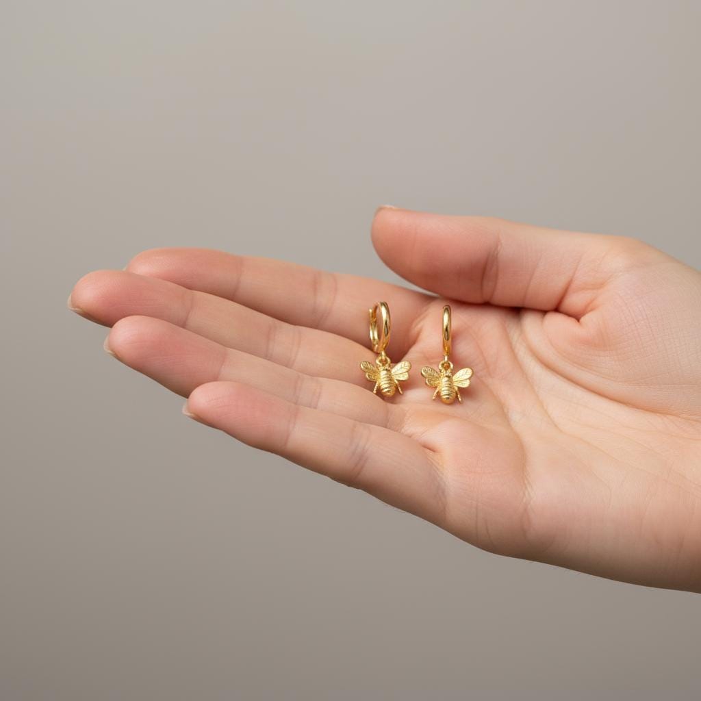 Minimalist Honeybee Huggie Hoop Earrings, 14K Gold Plated 925 Silver Dangle Charm, Personalized Christmas Gift, Nature Lover Jewelry