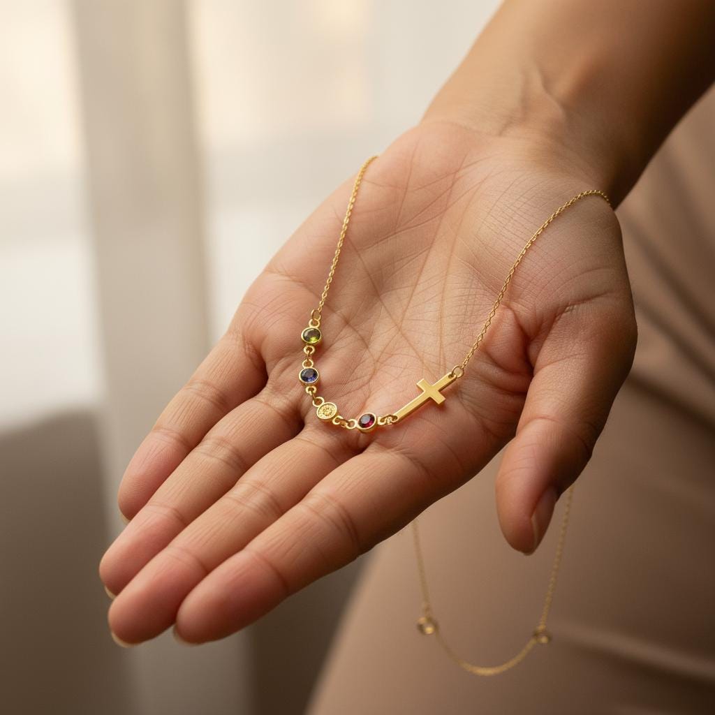 Row Birthstone Cross Necklace, Personalized Family Charm, Multiple Children 925 Silver Gold Plated, Minimalist Mom Gift, Christmas Gift