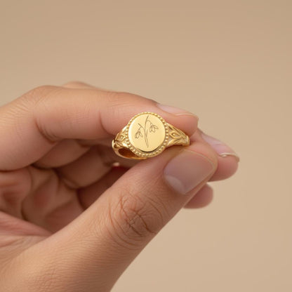 Custom Birth Flower Signet Ring, Adjustable 925 Silver Engraved Floral Jewelry, Personalized Minimalist Gift for Her, Christmas Gift