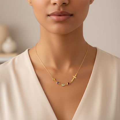 Row Birthstone Cross Necklace, Personalized Family Charm, Multiple Children 925 Silver Gold Plated, Minimalist Mom Gift, Christmas Gift