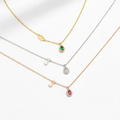 Zircon Drop Side Letter Necklace, Personalized Initial Pendant, 14K Gold Plated 925 Silver, Minimalist Dainty Christmas Personalized Gift