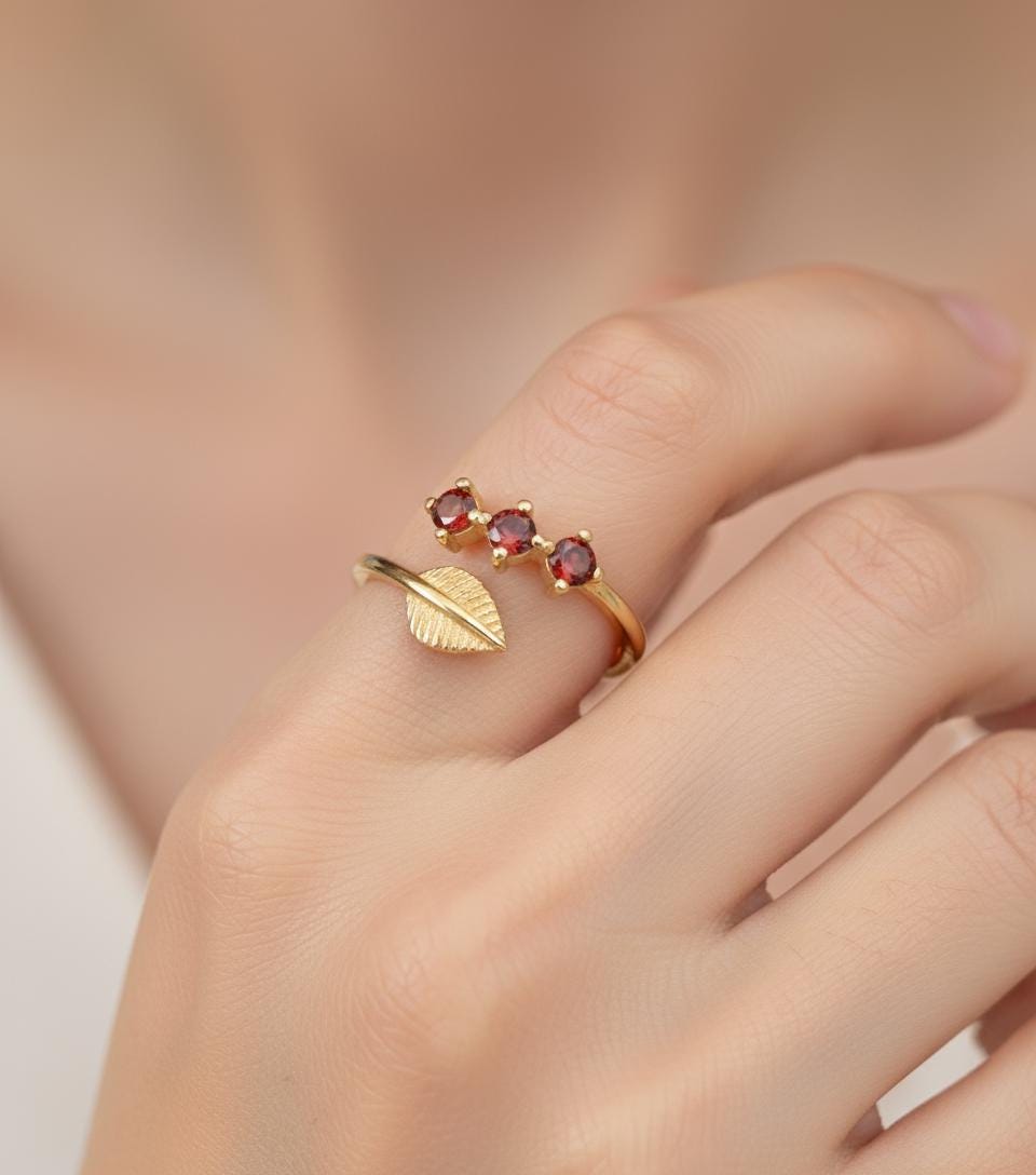 Olive Branch Three Stone Ring, Adjustable 925 Sterling Silver Gold Plated, Minimalist Peace Symbol Gift for Her, Christmas Gift