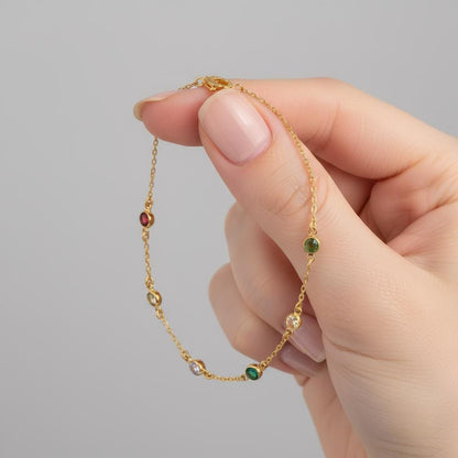 Spaced Birthstone Anklet, Multiple Children Name Bracelet, Custom Family Gold Plated Jewelry, Dainty Minimalist Gift for Mom, Christmas Gift