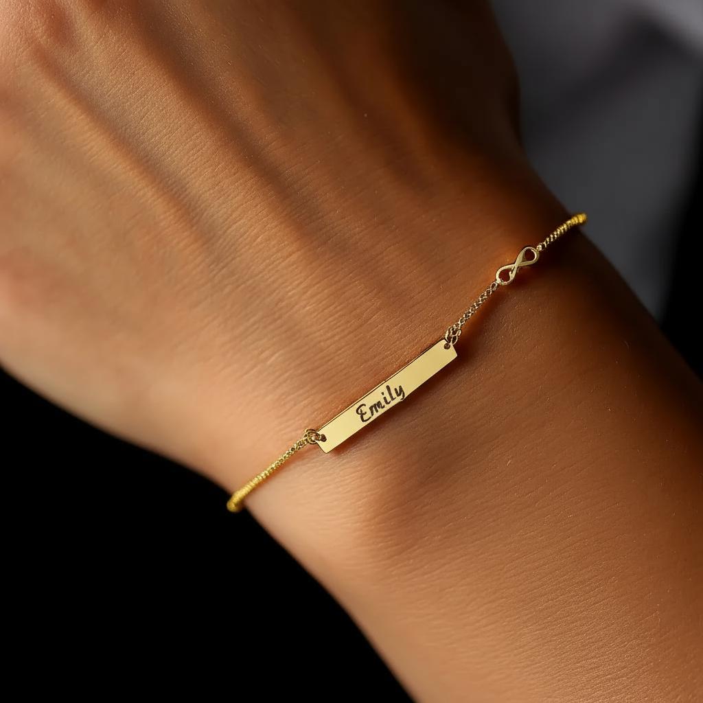 Infinity Love Bar Bracelet, Minimalist Gold Charm Jewelry, Dainty Infinity Symbol, Personalized Gift for Her, Sterling Silver & Gold Plated