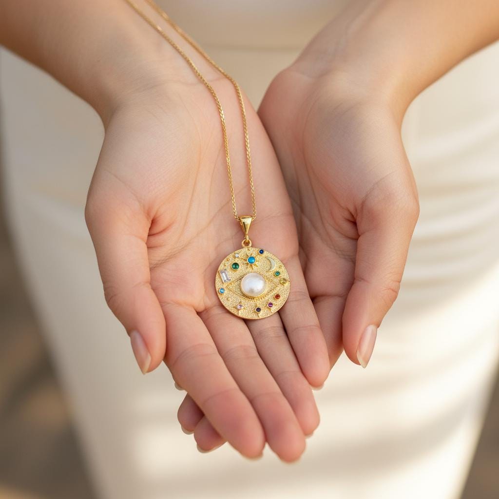 Unisex Moon and Stars Cosmic Necklace, Gold Plated Sterling Silver, Minimalist Charm Pendant, Gift for Him or Her, Anniversary Daily Jewelry