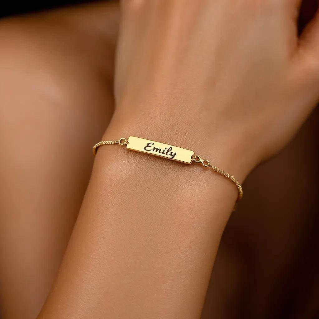 Personalized Infinity Love Bar Bracelet, Custom Name Minimalist 14K Gold Plated Jewelry, 925 Silver Dainty Christmas Gift for Her