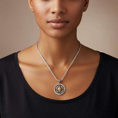 Double Sided Compass Necklace, Personalized Gift for Him Her, Christmas Gift, 925 Sterling Silver Spiga Chain, Unisex Travel Jewelry