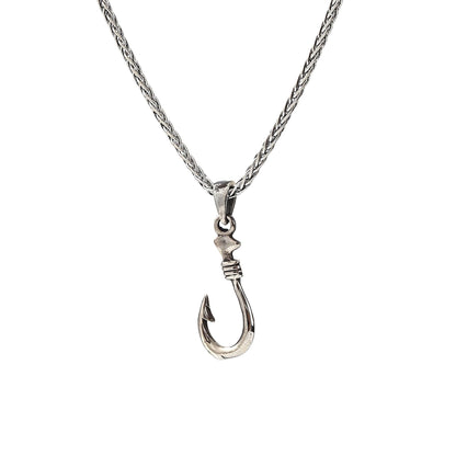 Fisherman’s Hook Pendant Necklace, 925 Silver Unisex Wheat Chain, Minimalist Nautical Boho Jewelry, Personalized Gift, Christmas Gift