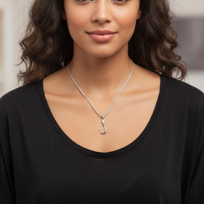 Fisherman’s Hook Pendant Necklace, 925 Silver Unisex Wheat Chain, Minimalist Nautical Boho Jewelry, Personalized Gift, Christmas Gift