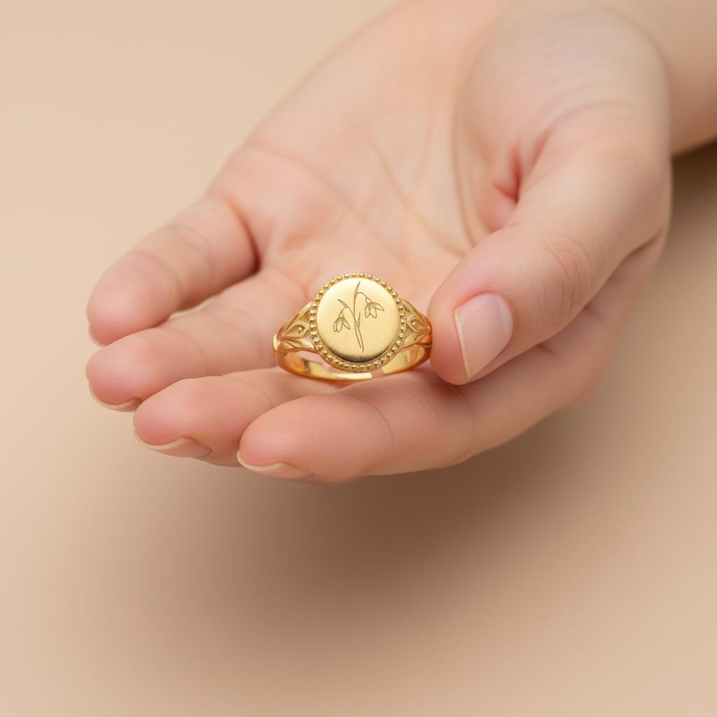 Custom Birth Flower Signet Ring, Adjustable 925 Silver Engraved Floral Jewelry, Personalized Minimalist Gift for Her, Christmas Gift