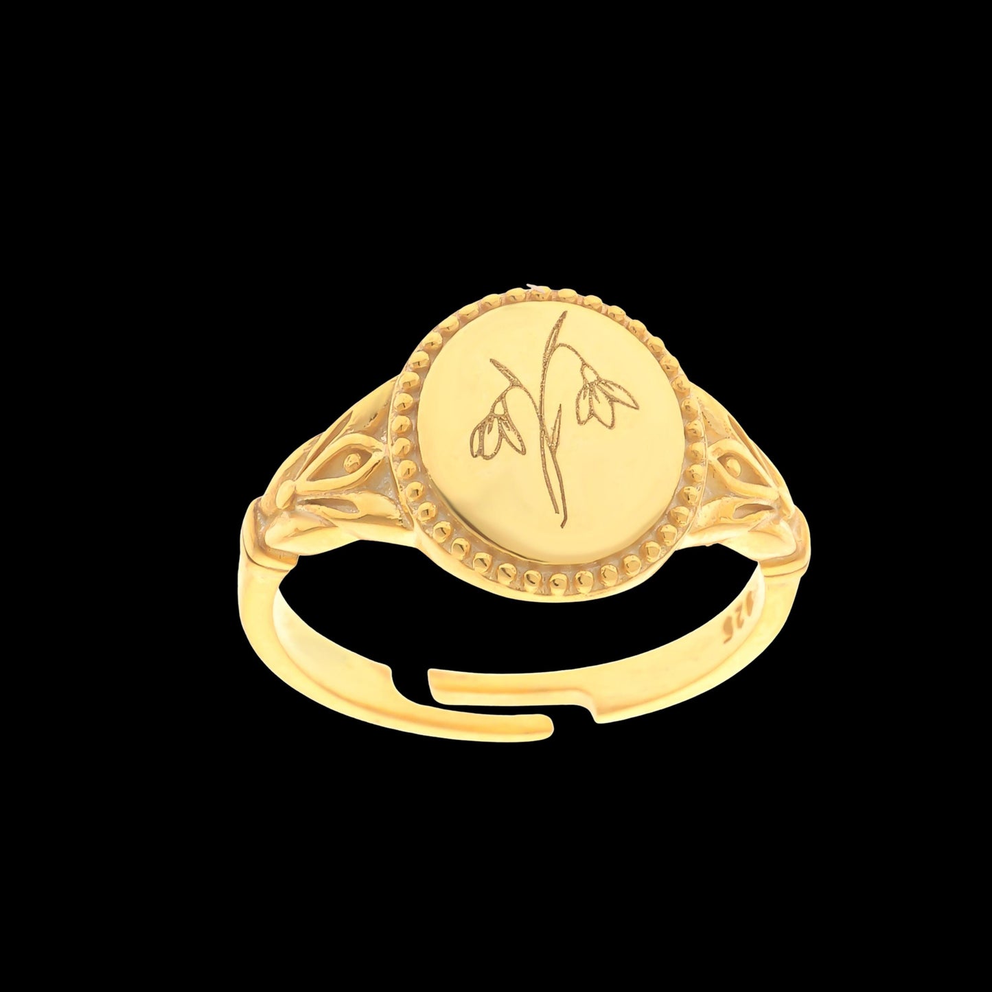 Birth Flower Signet Ring, Personalized Engraved Custom Floral Jewelry, Adjustable 925 Sterling Silver Gold Plated Minimalist Gift for Her