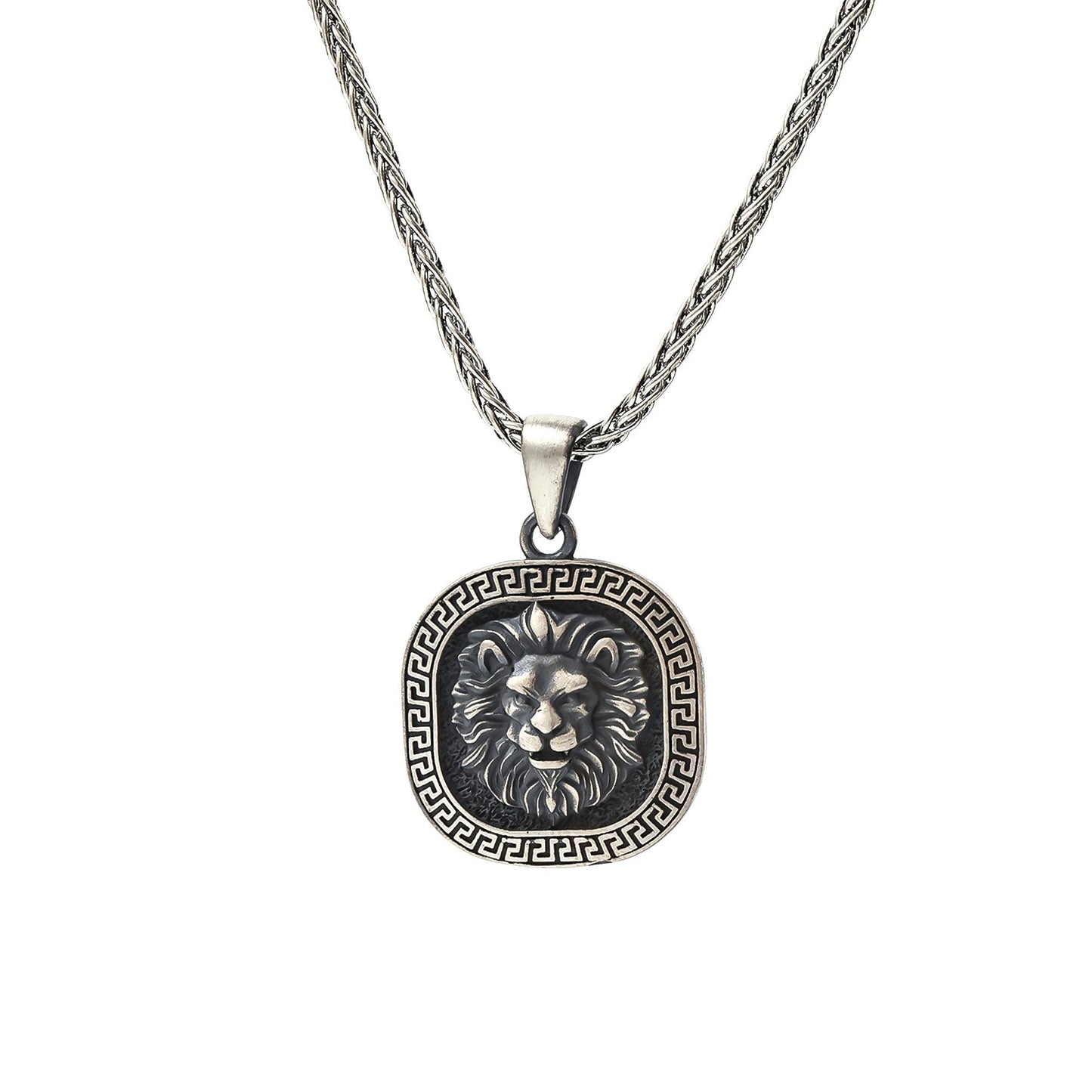 Lion Head Medallion Necklace, 925 Silver Spiga Chain, Courage Strength Unisex Jewelry Gift for Men Women, Personalized Christmas Gift