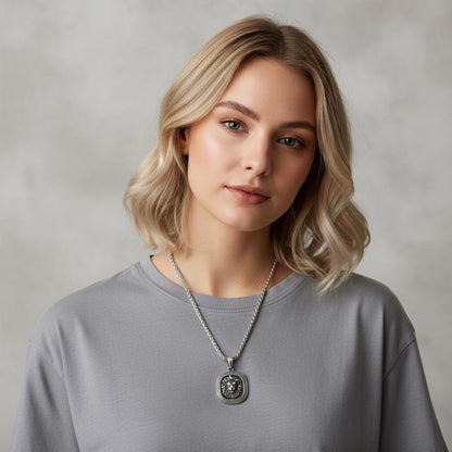 Lion Head Medallion Necklace, 925 Sterling Silver Pendant with Spiga 60 Chain, Unisex Jewelry Gift for Men Women, Courage Strength Symbol