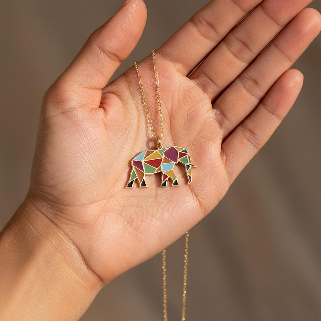 Elephant Pendant Necklace, Good Luck Jewelry Enamel Gift for Her, 14k Gold Plated Dainty Charm, Minimalist Animal Necklace