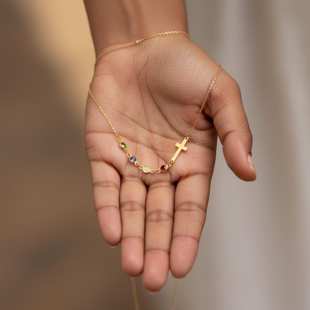 Row Birthstone Cross Necklace, Personalized Gift for Mom, Multiple Children Charm, 925 Silver Gold Plated Family Jewelry, Minimalist Cross