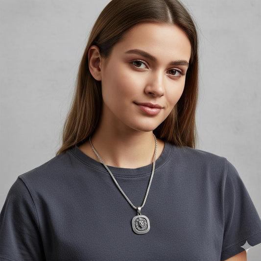 Unisex 925 Sterling Silver Lion Head Medallion Pendant Necklace - Symbol of Courage & Strength