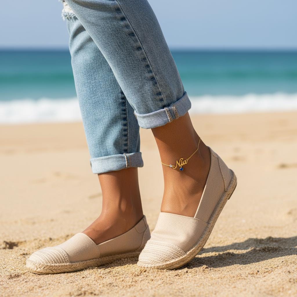 Customizable Birthstone Name Anklet: Dainty Adjustable Foot Jewelry in Silver or Gold