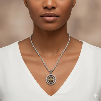 Double Sided Compass Necklace, Personalized Gift for Him Her, Christmas Gift, 925 Sterling Silver Spiga Chain, Unisex Travel Jewelry