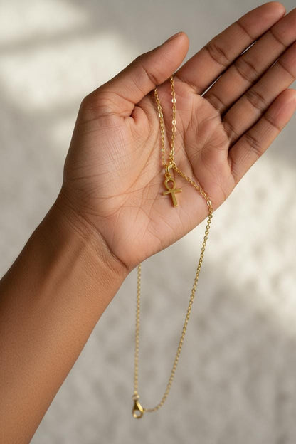 Minimalist Egyptian Ankh Cross Necklace, 925 Silver Gold Plated, Symbol of Life Jewelry, Custom Length Cultural Gift for Her, Christmas Gift