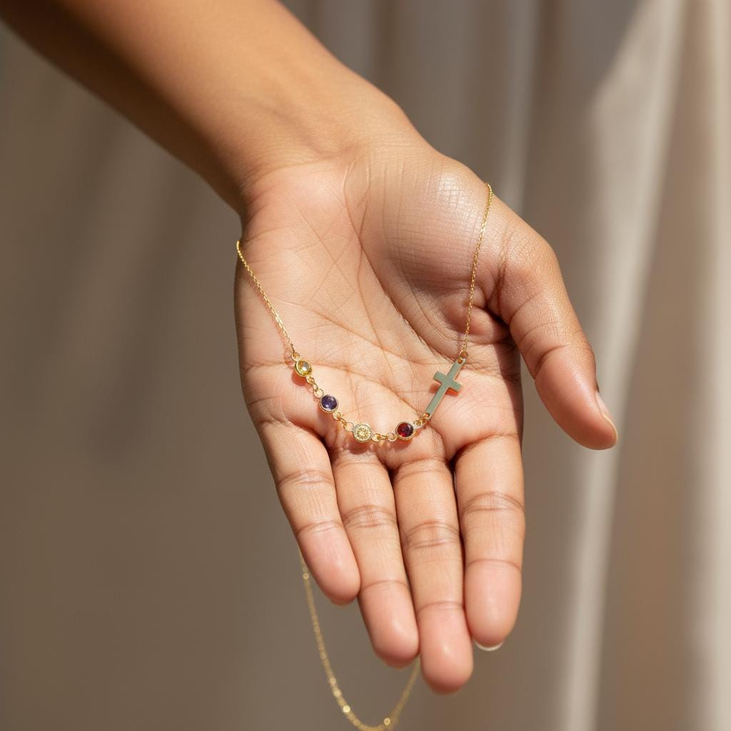 Row Birthstone Cross Necklace, Personalized Gift for Mom, Multiple Children Charm, 925 Silver Gold Plated Family Jewelry, Minimalist Cross