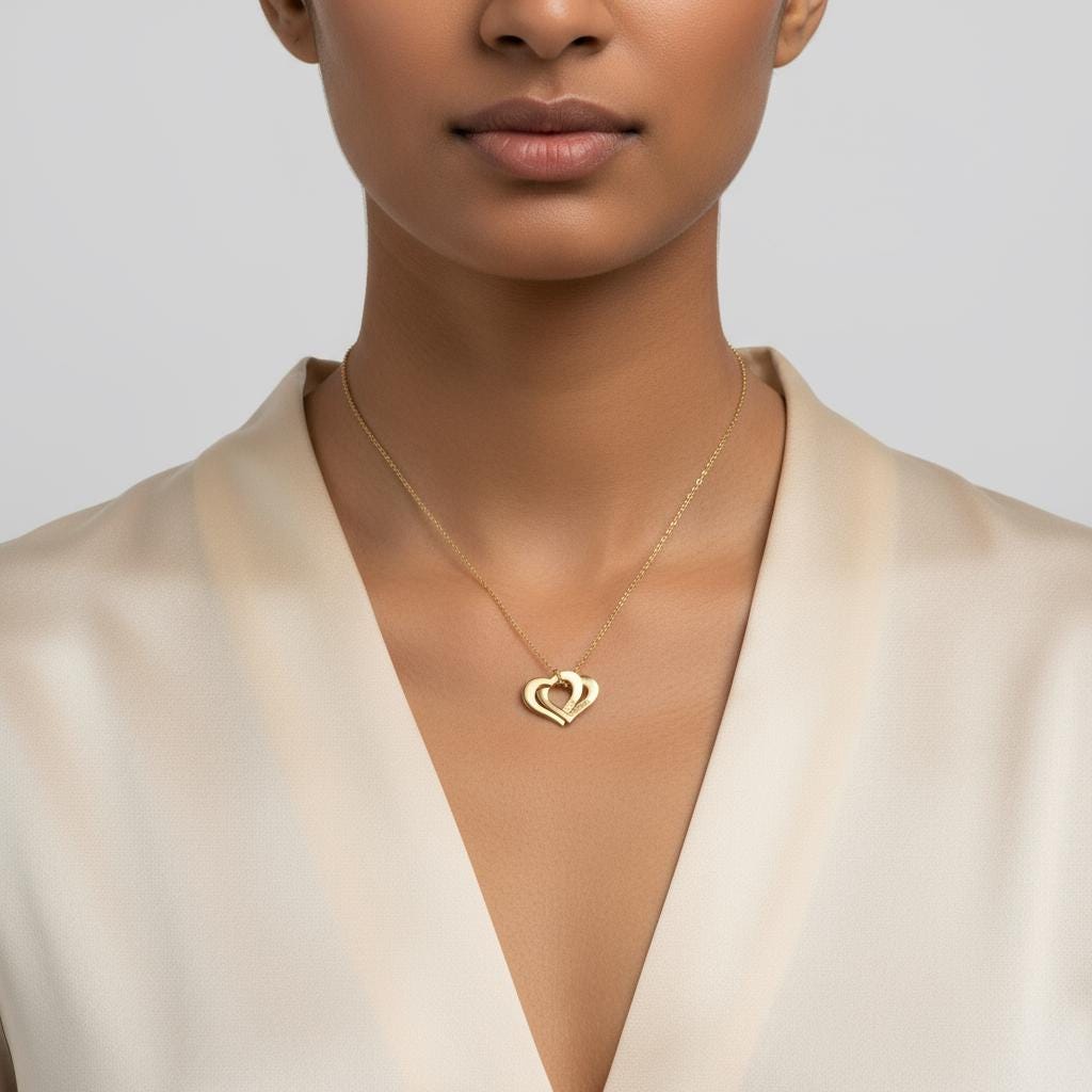 Personalized Engraved Interlocking Hearts Necklace, Custom 14K Gold Plated Mom Gift, Double Linked Love Pendant, Personalized Christmas Gift